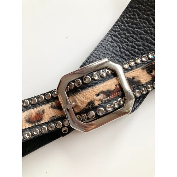 LEATHEROCK USA Leopard Ponyhair Studded Crystal Rhinestone Hip Belt, Size L36 - Picture 3 of 12